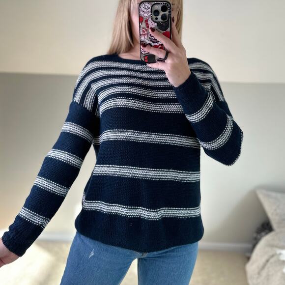 Vince: Navy Striped Knit Crew Neck Sweater - Picture 1 of 10